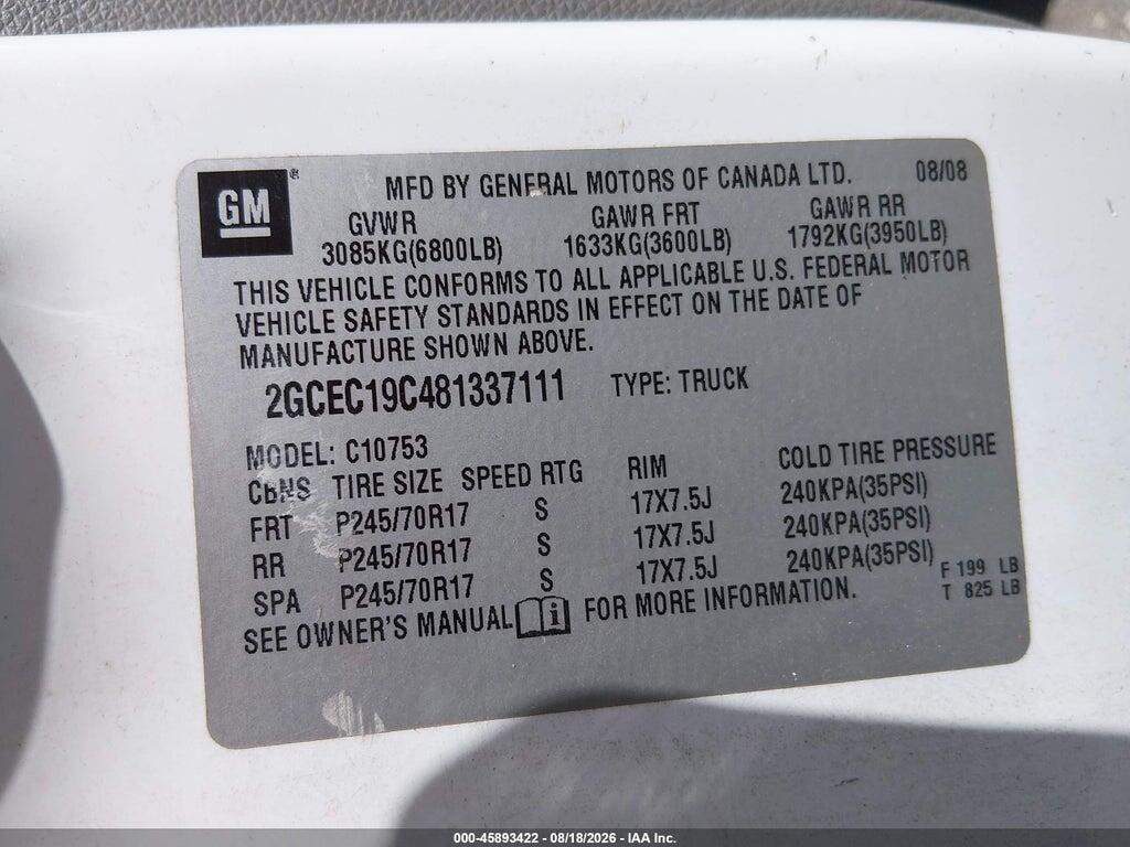 2GCEC19C481337111 2008 CHEVROLET SILVERADO 1500 photo no. 9