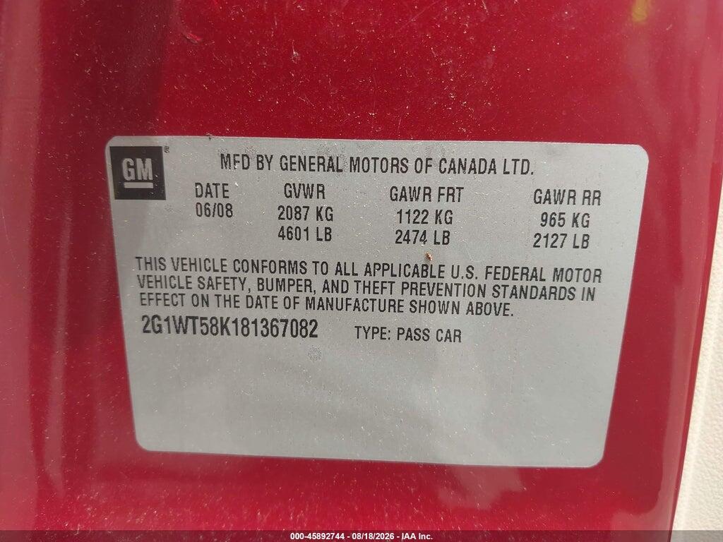 2G1WT58K181367082 2008 CHEVROLET IMPALA photo no. 9
