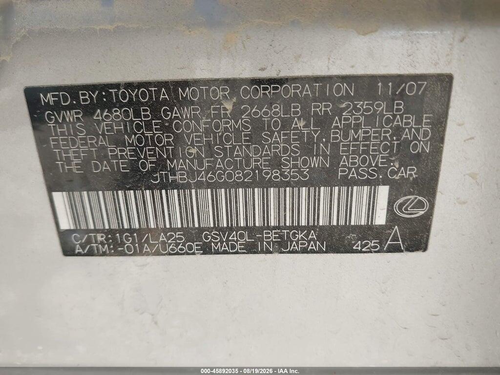 JTHBJ46G082198353 2008 LEXUS ES 350 photo no. 9