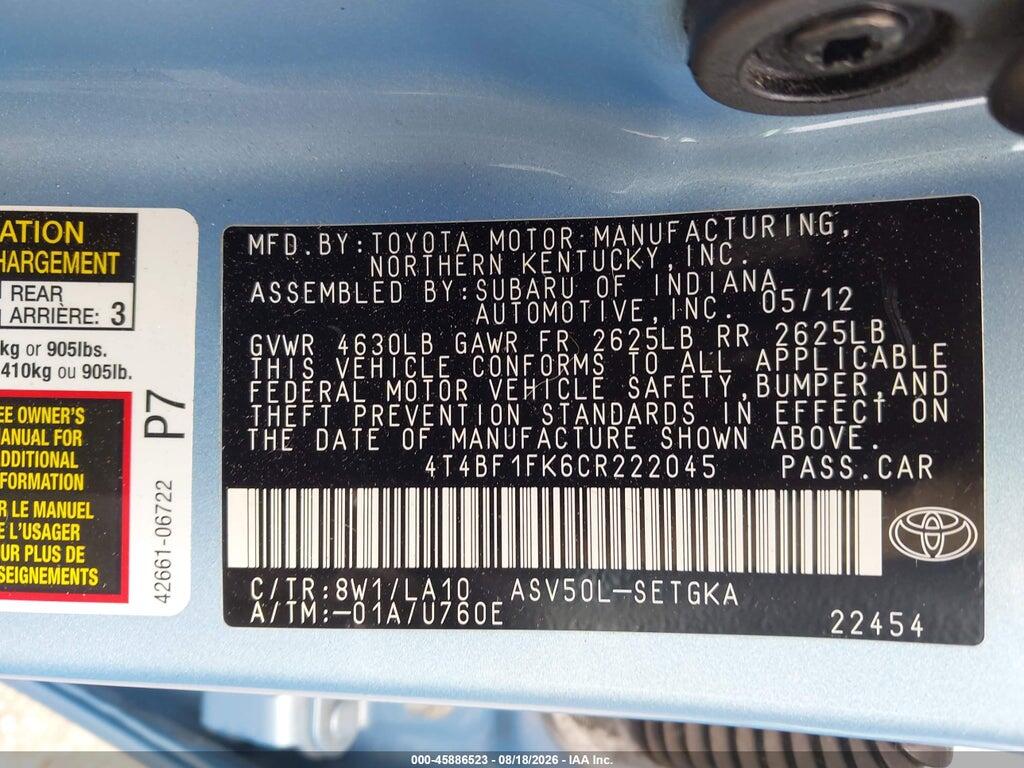4T4BF1FK6CR222045 2012 TOYOTA CAMRY photo no. 9