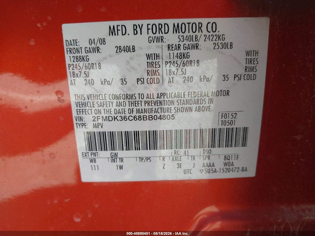 2FMDK36C68BB04805 2008 FORD EDGE photo no. 9