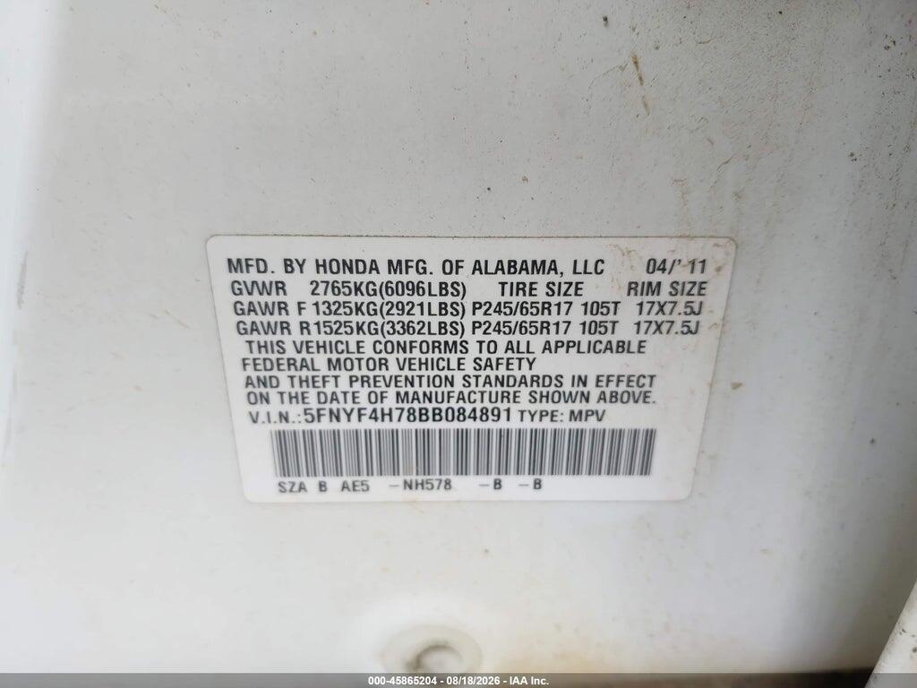 5FNYF4H78BB084891 2011 HONDA PILOT photo no. 9