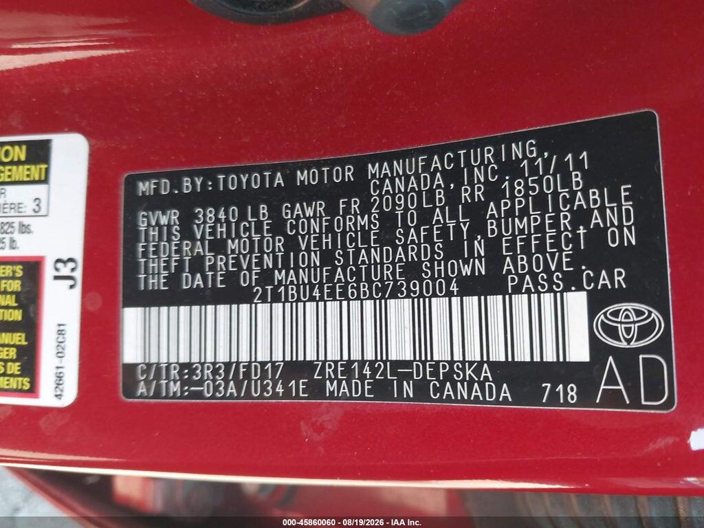 2T1BU4EE6BC739004 2011 TOYOTA COROLLA photo no. 9