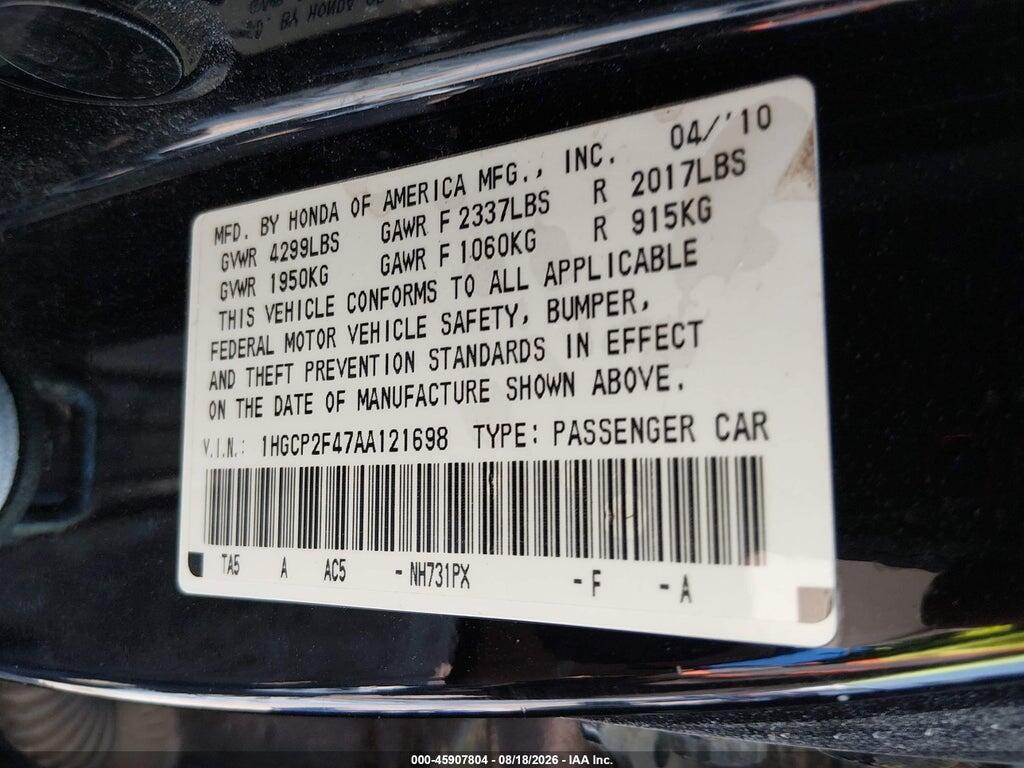 1HGCP2F47AA121698 2010 HONDA ACCORD photo no. 9