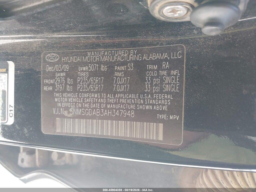 5NMSGDAB3AH347948 2010 HYUNDAI SANTA FE photo no. 9