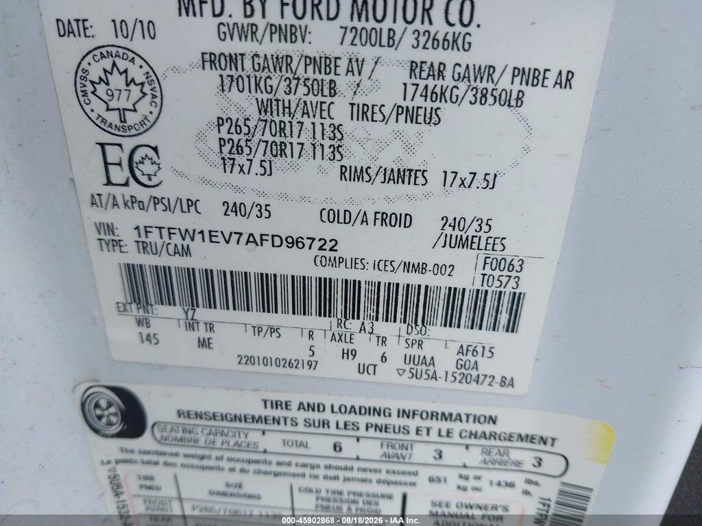 1FTFW1EV7AFD96722 2010 FORD F-150 photo no. 9