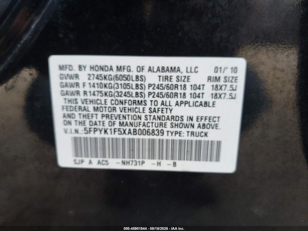 5FPYK1F5XAB006839 2010 HONDA RIDGELINE photo no. 9