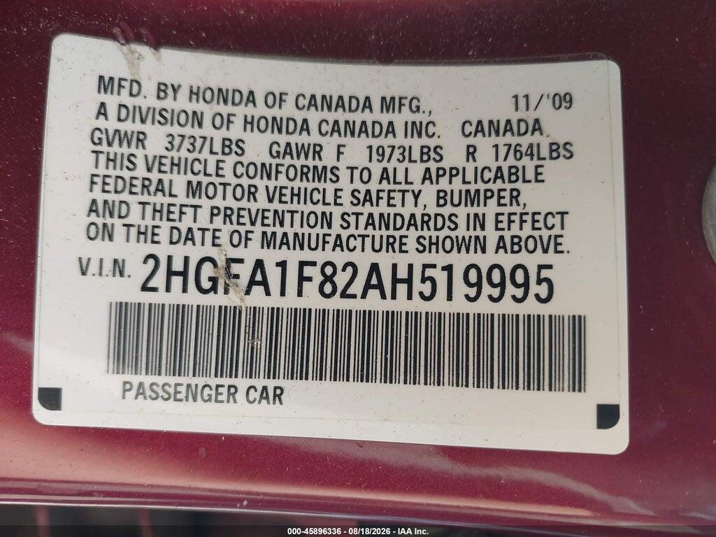 2HGFA1F82AH519995 2010 HONDA CIVIC photo no. 9