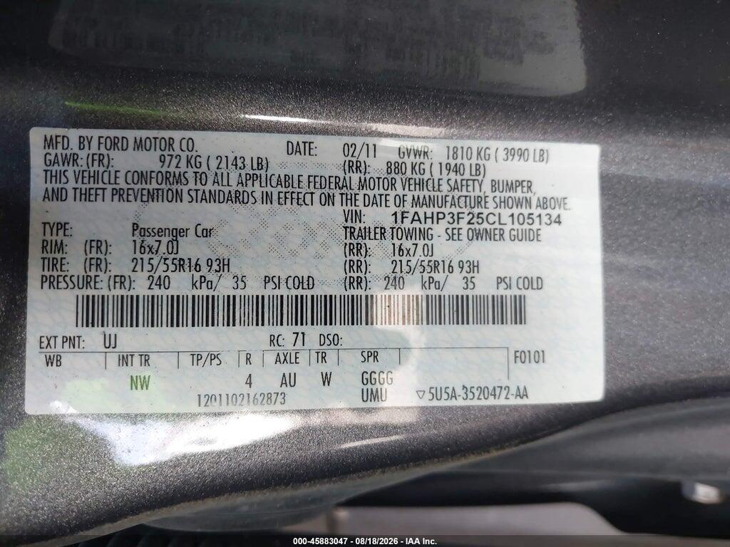 1FAHP3F25CL105134 2012 FORD FOCUS photo no. 9