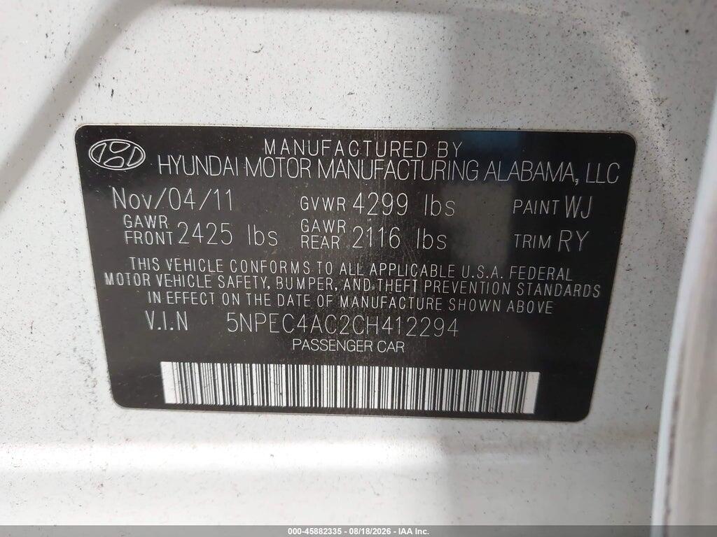5NPEC4AC2CH412294 2012 HYUNDAI SONATA photo no. 9