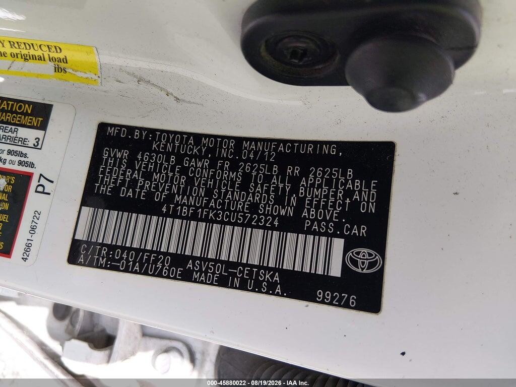 4T1BF1FK3CU572324 2012 TOYOTA CAMRY photo no. 9