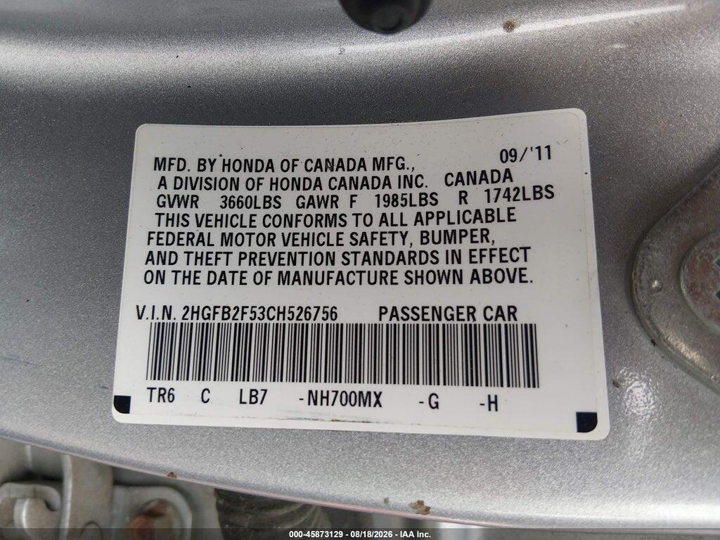 2HGFB2F53CH526756 2012 HONDA CIVIC photo no. 9
