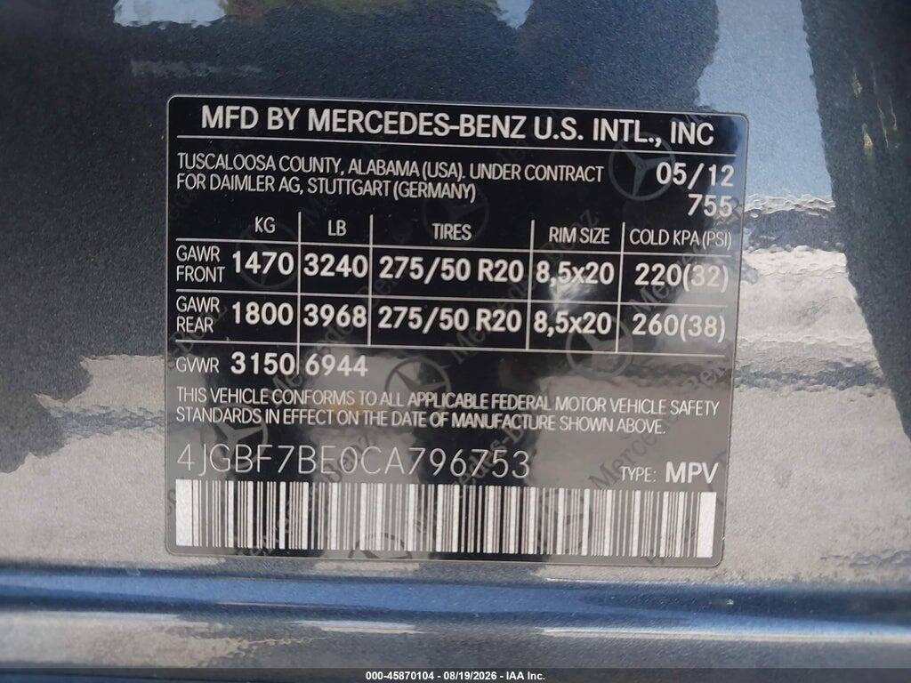 4JGBF7BE0CA796753 2012 MERCEDES-BENZ GL 450 photo no. 9