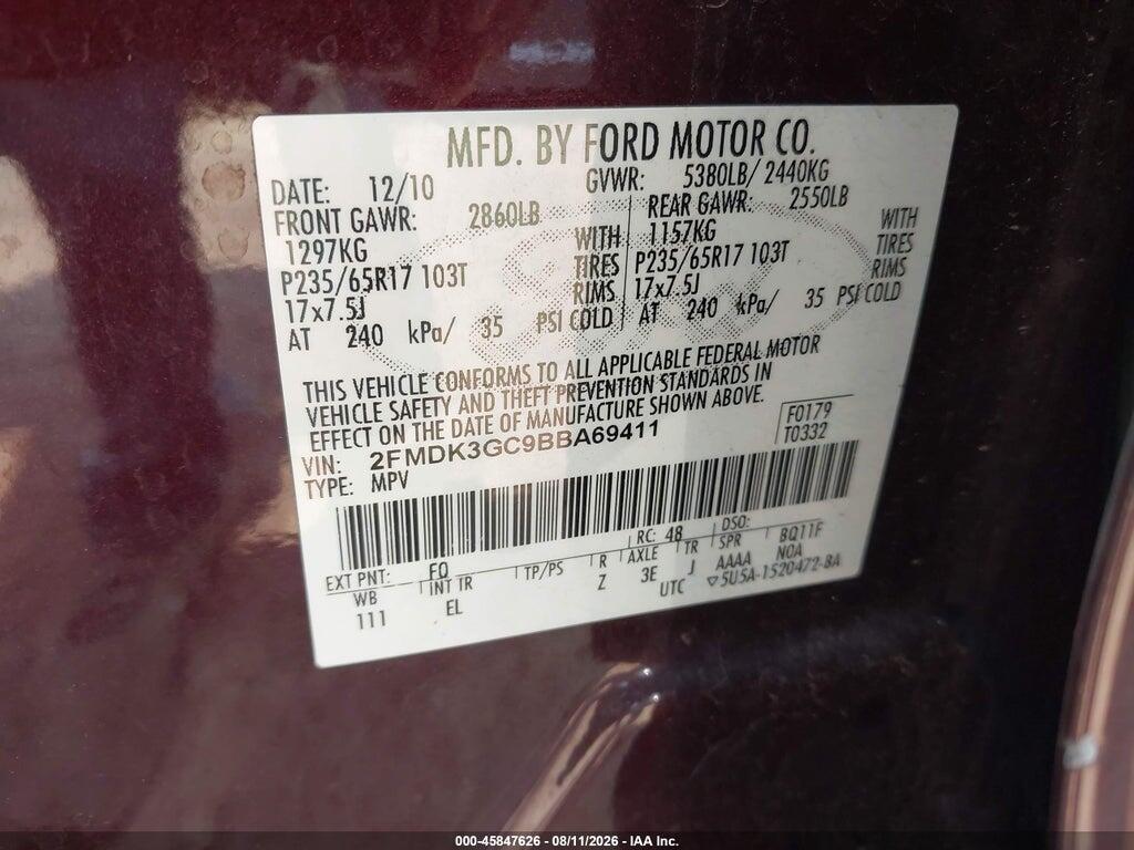 2FMDK3GC9BBA69411 2011 FORD EDGE photo no. 9