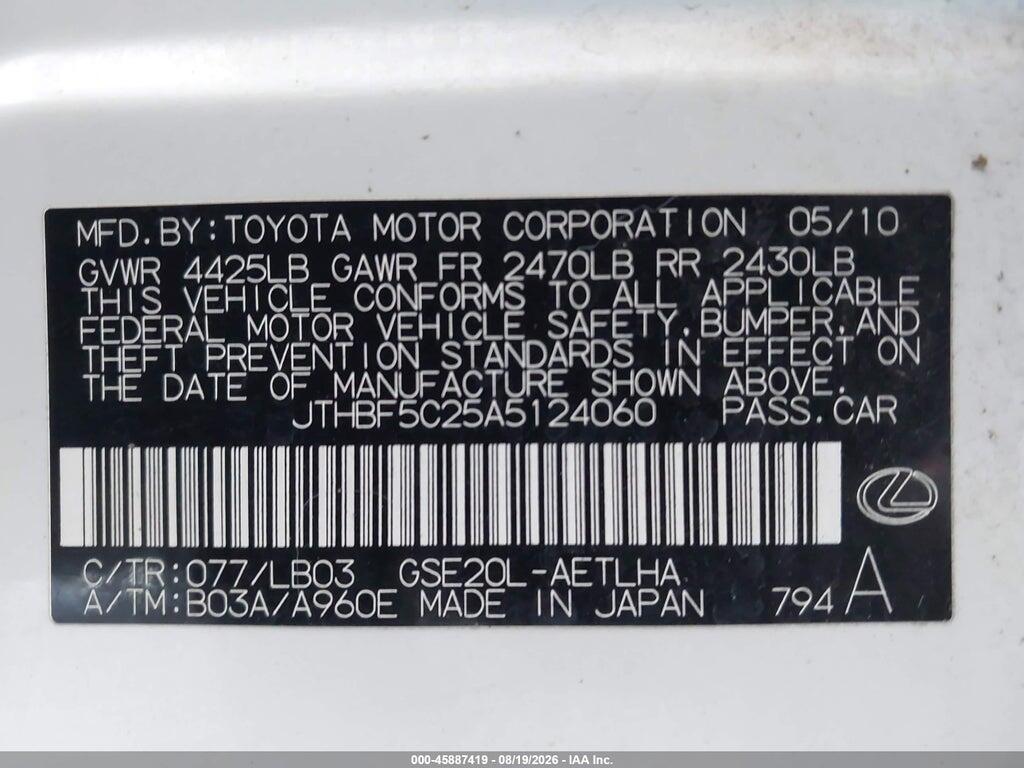 JTHBF5C25A5124060 2010 LEXUS IS 250 photo no. 9