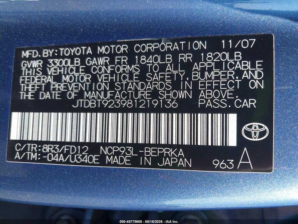JTDBT923981219136 2008 TOYOTA YARIS photo no. 9