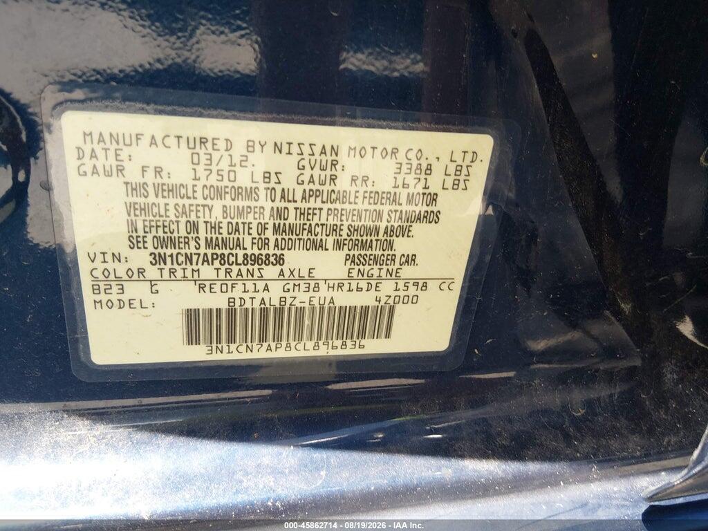3N1CN7AP8CL896836 2012 NISSAN VERSA photo no. 9