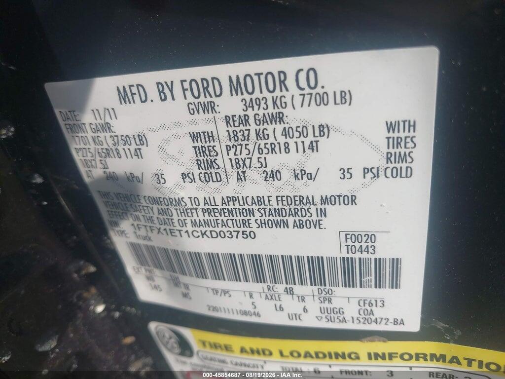 1FTFX1ET1CKD03750 2012 FORD F-150 photo no. 9