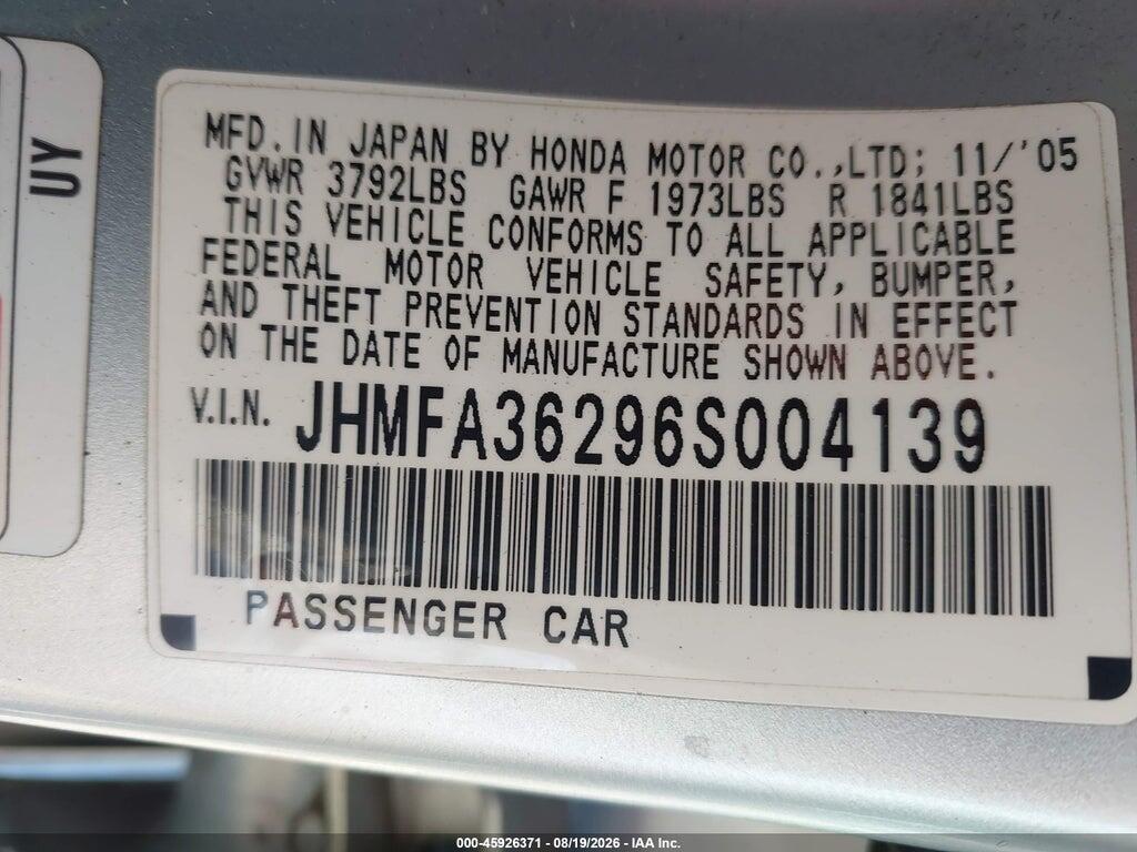 JHMFA36296S004139 2006 HONDA CIVIC HYBRID photo no. 9