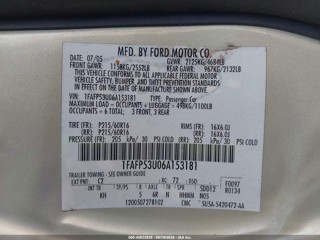 1FAFP53U06A153181 2006 FORD TAURUS photo no. 9
