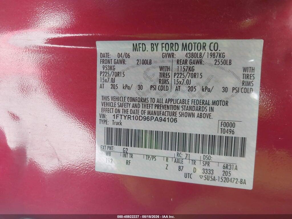 1FTYR10D96PA94106 2006 FORD RANGER photo no. 9