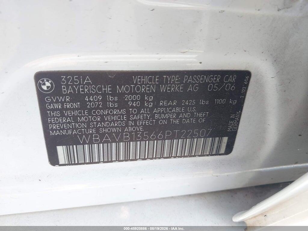 WBAVB13566PT22507 2006 BMW 325I photo no. 9