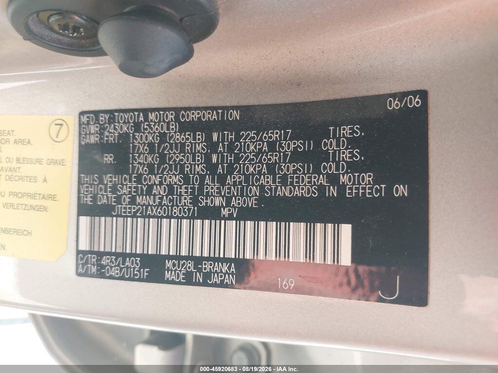 JTEEP21AX60180371 2006 TOYOTA HIGHLANDER photo no. 9