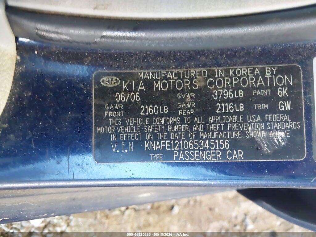 KNAFE121065345156 2006 KIA SPECTRA photo no. 9