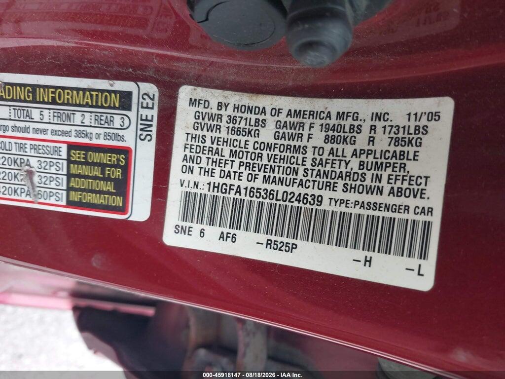 1HGFA16536L024639 2006 HONDA CIVIC photo no. 9