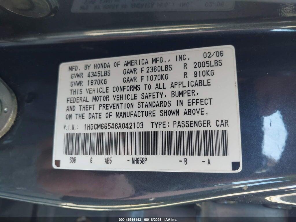 1HGCM66546A042103 2006 HONDA ACCORD photo no. 9