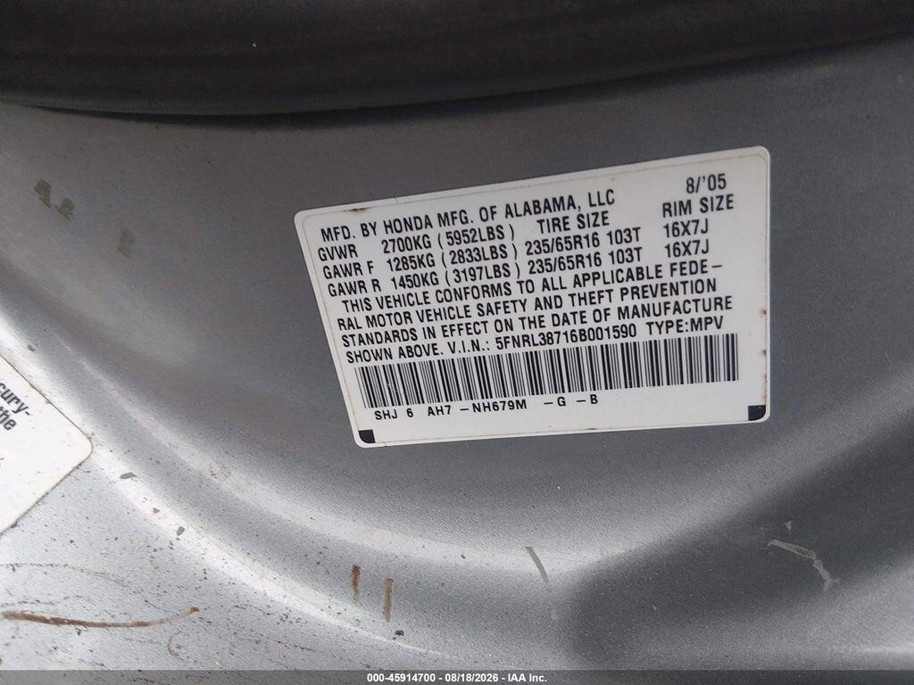 5FNRL38716B001590 2006 HONDA ODYSSEY photo no. 9