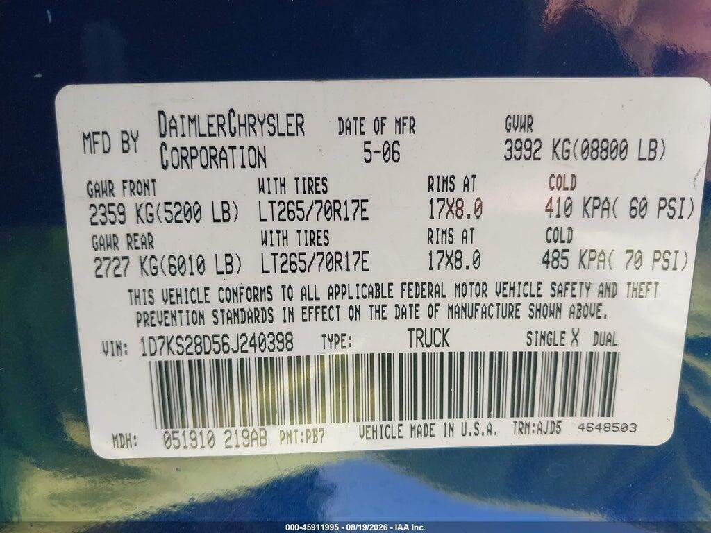 1D7KS28D56J240398 2006 DODGE RAM 2500 photo no. 9