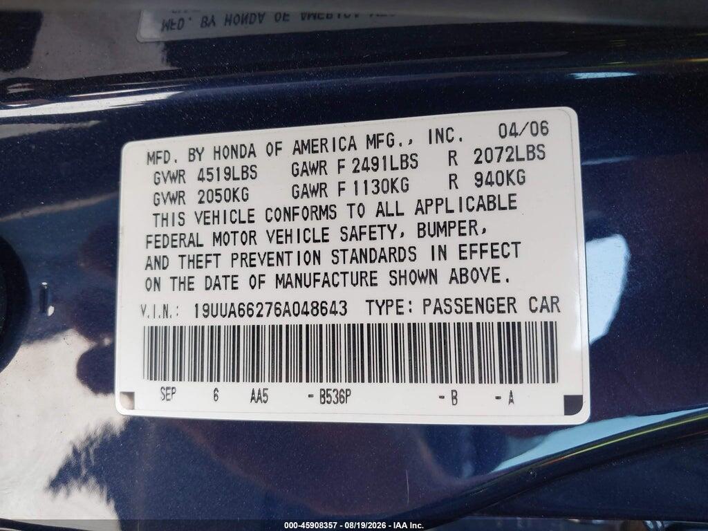 19UUA66276A048643 2006 ACURA TL photo no. 9