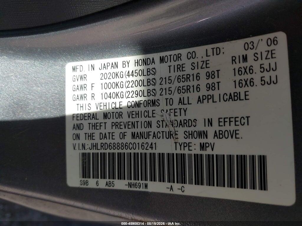 JHLRD68886C016241 2006 HONDA CR-V photo no. 9