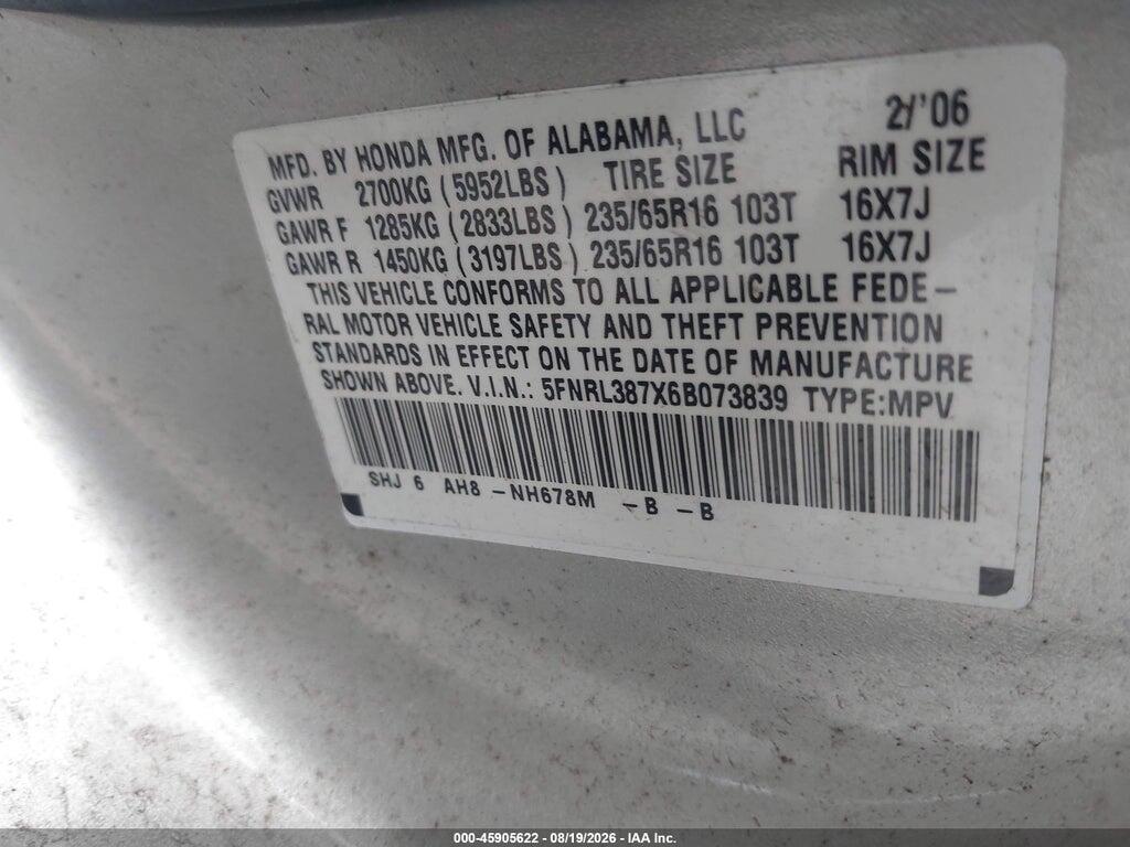 5FNRL387X6B073839 2006 HONDA ODYSSEY photo no. 9