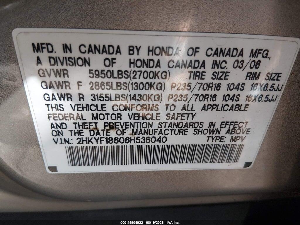 2HKYF18606H536040 2006 HONDA PILOT photo no. 9