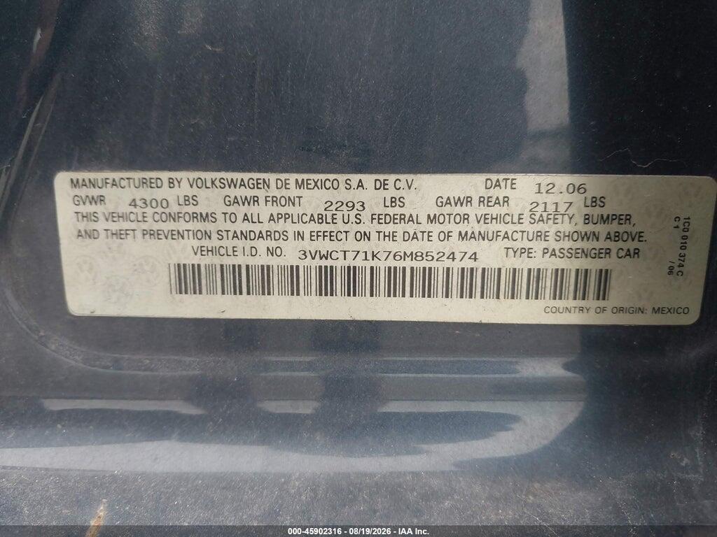 3VWCT71K76M852474 2006 VOLKSWAGEN JETTA photo no. 9
