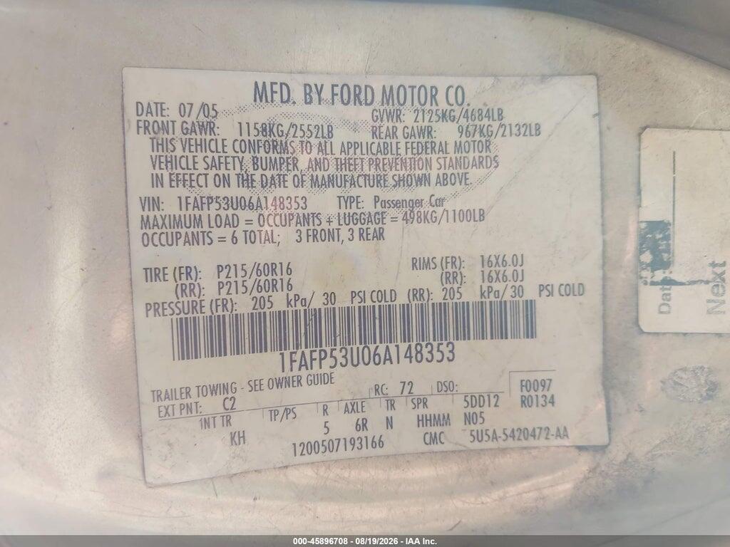 1FAFP53U06A148353 2006 FORD TAURUS photo no. 9