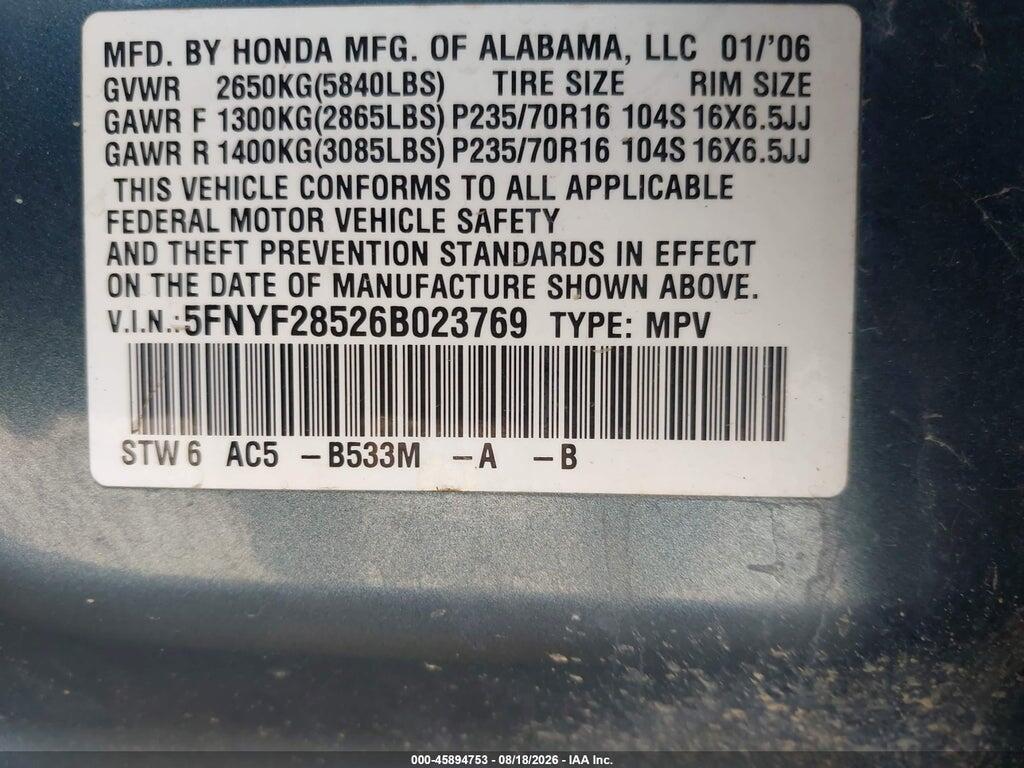 5FNYF28526B023769 2006 HONDA PILOT photo no. 9