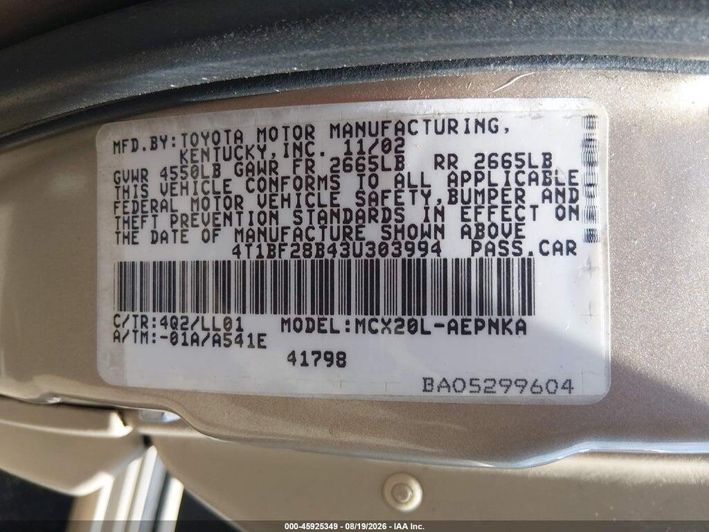 4T1BF28B43U303994 2003 TOYOTA AVALON photo no. 9