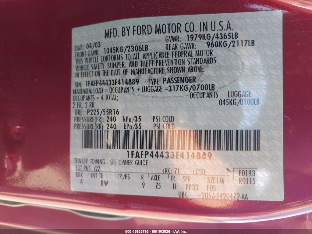 1FAFP44433F414889 2003 FORD MUSTANG photo no. 9