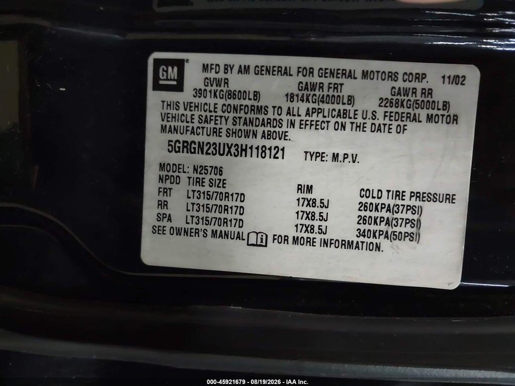 5GRGN23UX3H118121 2003 HUMMER H2 photo no. 9