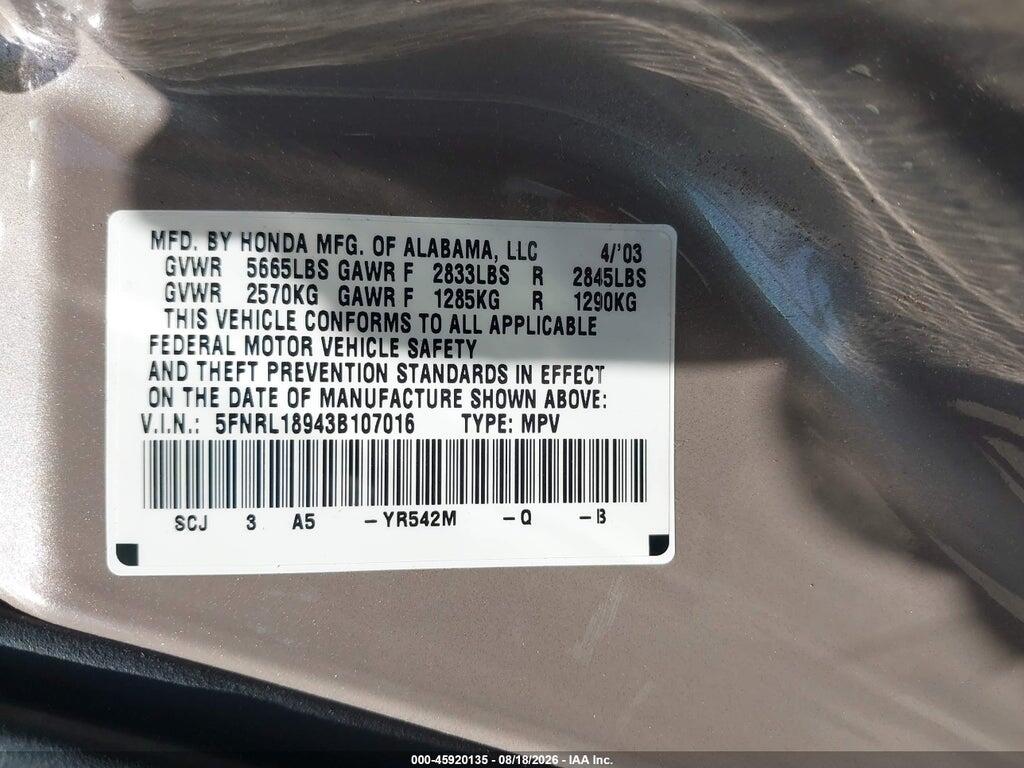 5FNRL18943B107016 2003 HONDA ODYSSEY photo no. 9