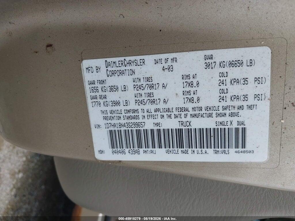 1D7HA18N43S299657 2003 DODGE RAM 1500 photo no. 9
