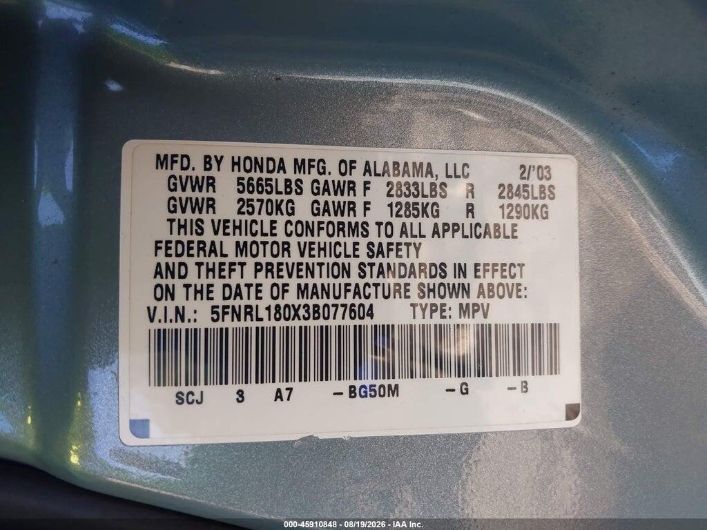 5FNRL180X3B077604 2003 HONDA ODYSSEY photo no. 9