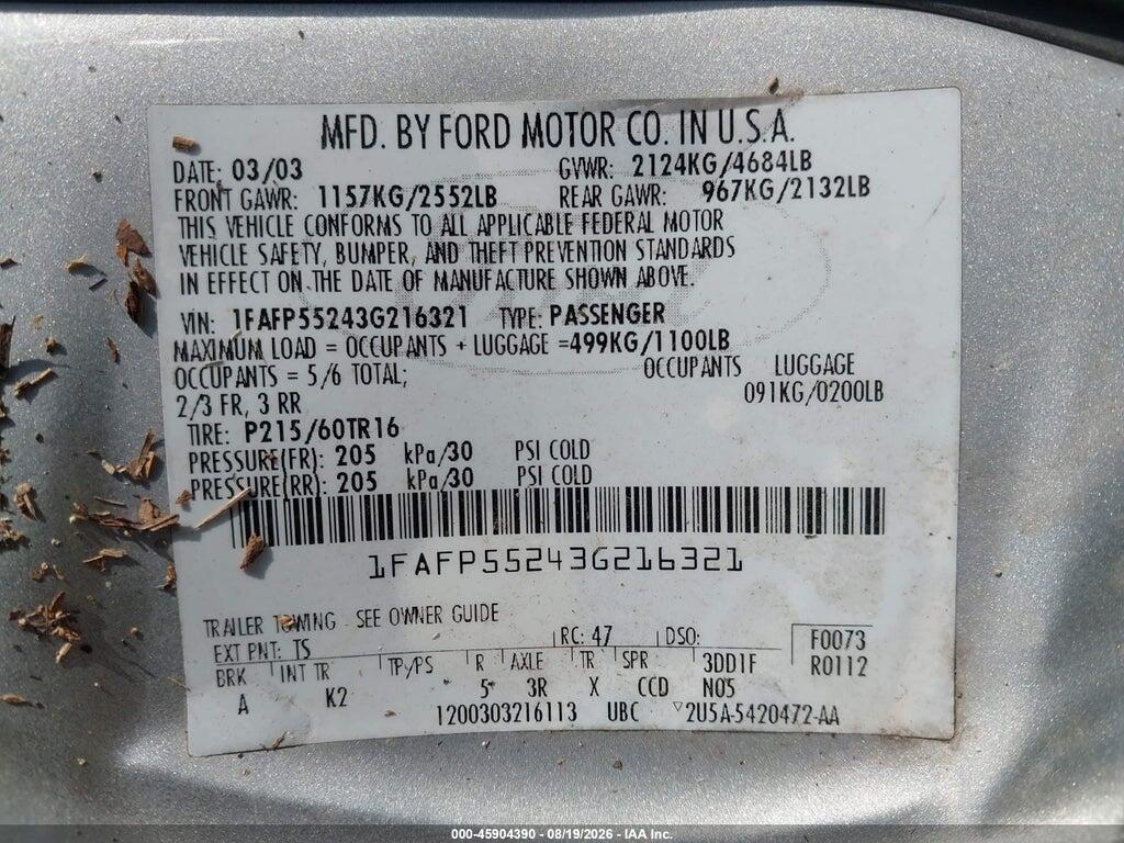 1FAFP55243G216321 2003 FORD TAURUS photo no. 9