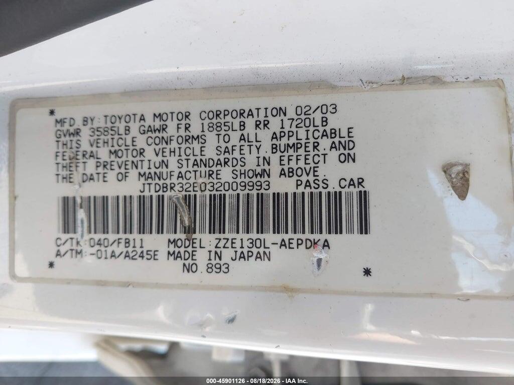 JTDBR32E032009993 2003 TOYOTA COROLLA photo no. 9