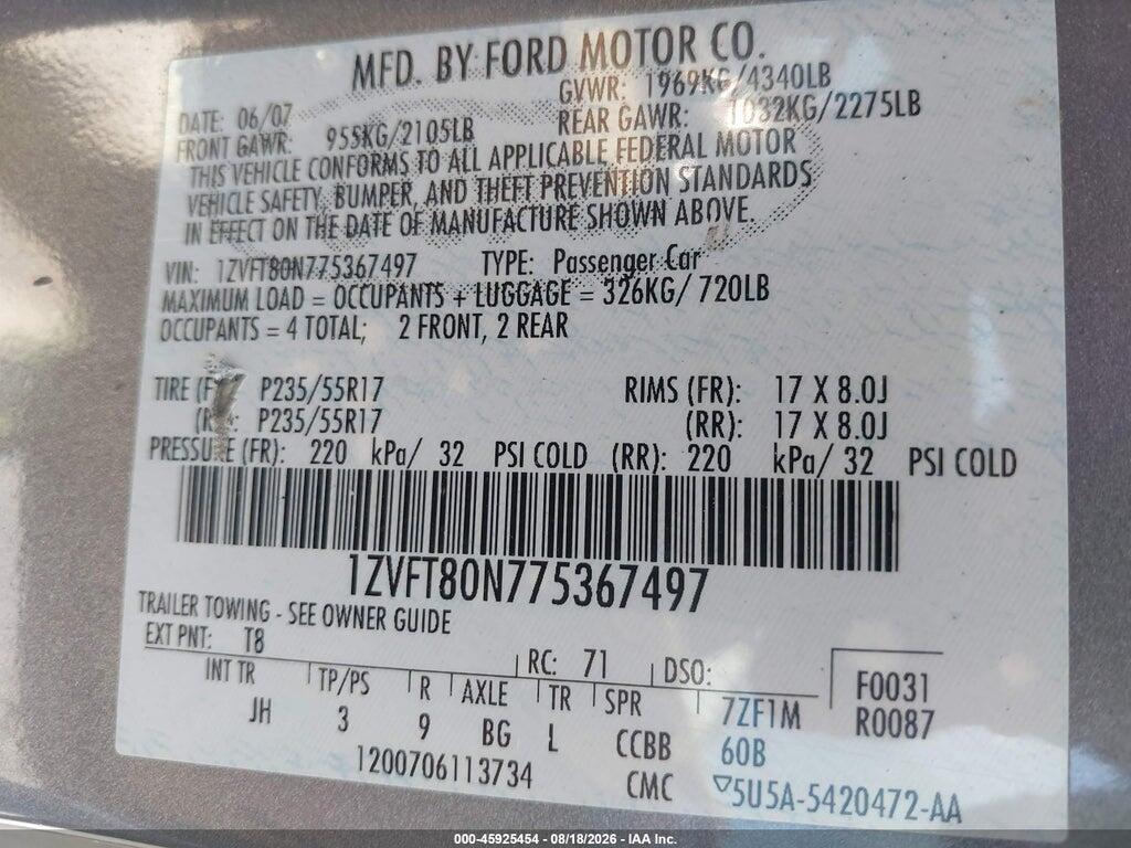 1ZVFT80N775367497 2007 FORD MUSTANG photo no. 9