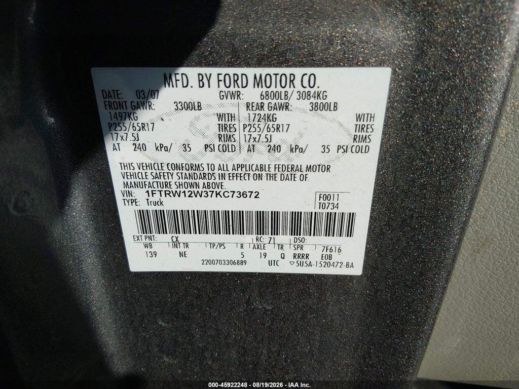 1FTRW12W37KC73672 2007 FORD F-150 photo no. 9