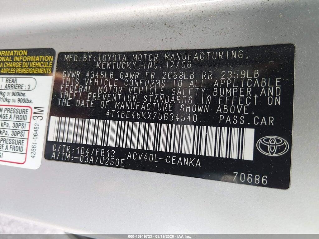 4T1BE46KX7U634540 2007 TOYOTA CAMRY photo no. 9